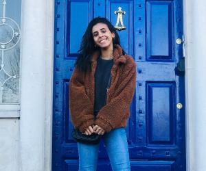 Hind Zahour in front of the O'Connell House at Notre Dame's Dublin Global Gateway, on the last day o