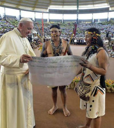 Pope Francis meets with representatives of indigenous communities of the Amazon basin from Peru, Brazil, and Bolivia in Puerto Maldonado, Peru on January 19, 2018. Photo: Abaca Press. Pope Francis meets with representatives of indigenous communities of the Amazon basin from Peru, Brazil, and Bolivia in Puerto Maldonado, Peru on January 19, 2018. Photo: Abaca Press.